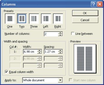 Microsoft Word Help: columns dialog box