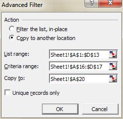 Excel Filter: Advanced Filter dialog box after selection