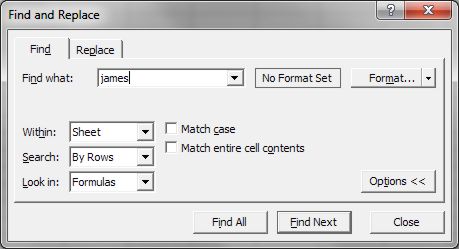 How to use Microsoft Excel: Find dialog box