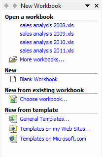 Excel Templates: New workbook task pane