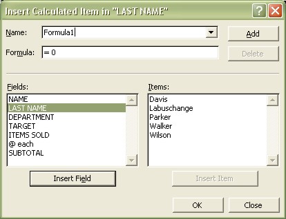 Excel Pivot Table: Insert Calculated Item dialog box example 1