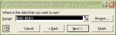 Excel Pivot Table Wizard step 2 dialog box