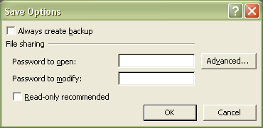 Excel Password: Save Options dialog box