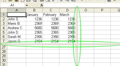 Excel Worksheets: Split Window example 1