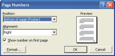 Microsoft Word help: page numbers dialog box