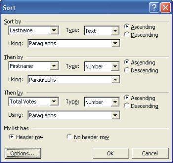 Sort a Word Table: sort dialog box