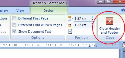 Microsoft Word 2007: Close Header and Footer button