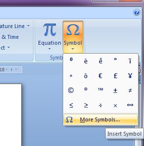 Microsoft Word 2007: Insert Symbol button