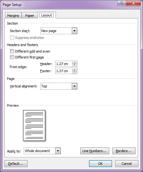 Microsoft Word 2007: Page Setup dialog box - Layout tab