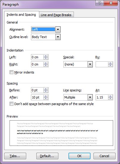 Microsoft Word 2007: Paragraph dialog box