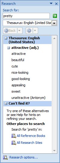 Microsoft Word 2007: Thesaurus Task pane