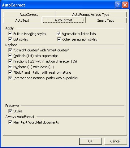 Microsoft Word Help: AutoFormat tab