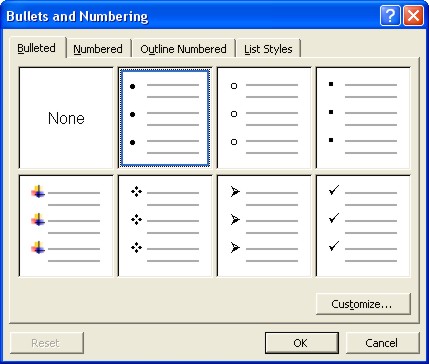 Microsoft Word Help: Bulleted tab dialog box