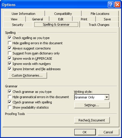 Spelling Word: Options dialog box