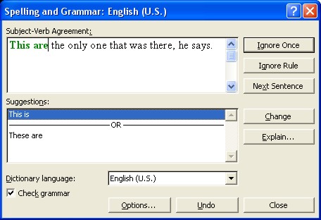 Spelling Word: Spelling and Grammar dialog box 2