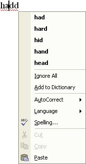 Spelling Word: spelling shortcut menu